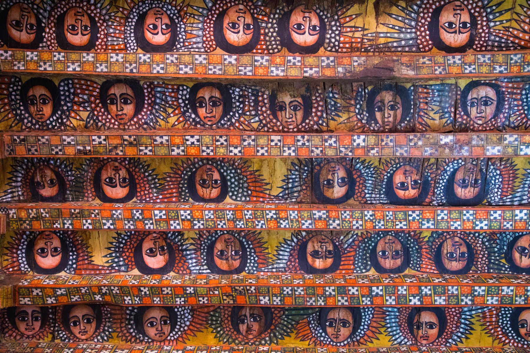The elaborate ceiling paintings of the Debre Birhan Selassie church in Gondar, Ethiopia
