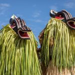 A pair of Goly Glan masked dancers of the Baoulé people on our Ivory Coast photo tour
