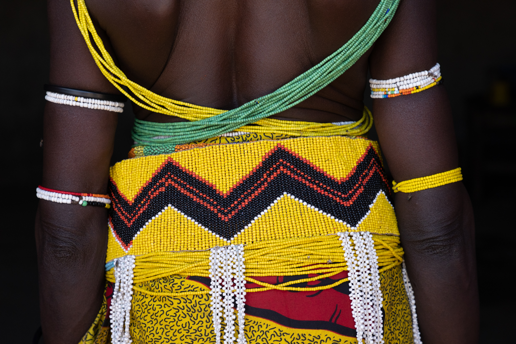 Detail of an Amenjitunga, the traditional beaded belt worn by Ovahanda women in southern Angola