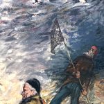 A puffin catcher depicted in the wonderful mural on the ceiling of Flatey church (image by Mike Watson)
