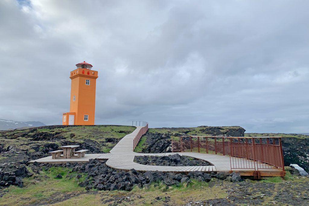 The bright orange Svötuloft Lighthouse (image by Mike Watson)
