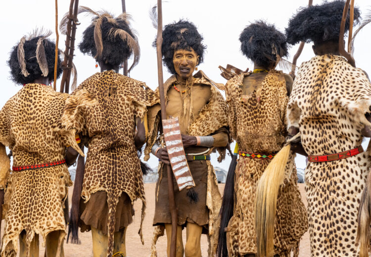 Decorated Dassanech men covered in skins and yellow ochre to celebrate Dimi, the Dassanech initiation ceremony of young girls (image by Inger Vandyke)