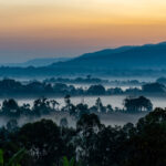 Mist hangs in the valleys of the Maji area at sunrise on the first day of our tour (image by Inger Vandyke)