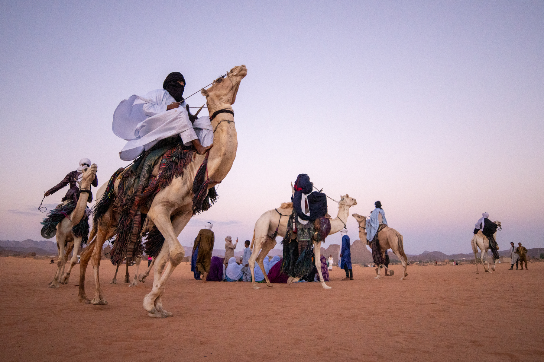 Camel dancers circle a group of singing women at dusk as part of a traditional Tuareg wedding ceremony (image by Inger Vandyke)