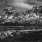 Black-and-white landscape of part of the Cordillera Paine, Torres del Paine National Park (image by Virginia Wilde)