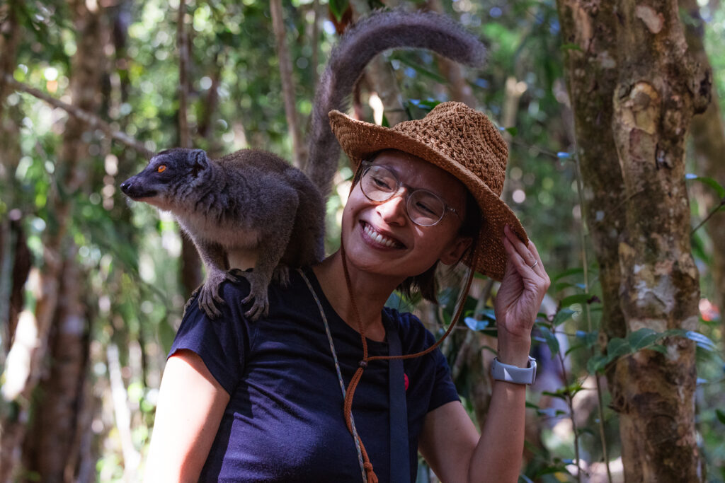 Lynn doubles as a tree for this cheeky wild lemur at Le Palmarium (image by Virginia Wilde)