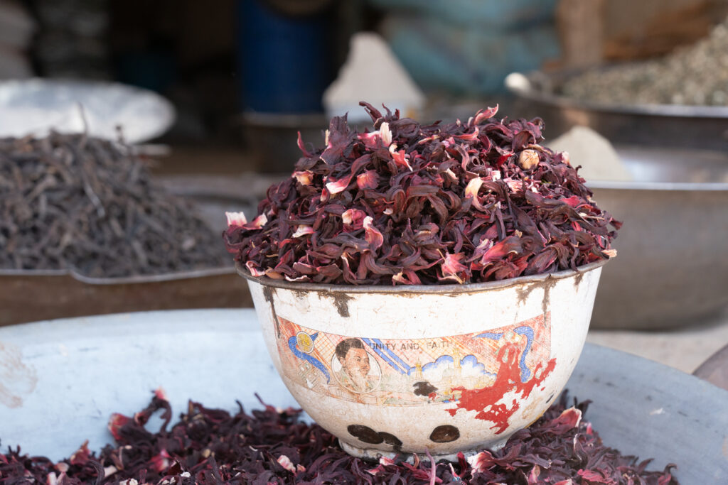 Dried hibiscus flowers for sale at the market in Kalait (image by Inger Vandyke)