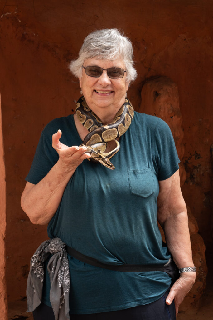 Nancy holding her new friend - a Balls (Royal) Python at the Python Temple in Ouidah (image by Inger Vandyke)