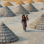 A young girl carries her baby sister through a rice drying courtyard (image by Inger Vandyke)