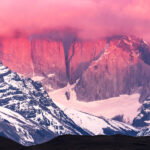 – Torres del Paine sunrise, the pink projection onto the towers only lasts a very short while and is weather dependent, so no available every day (image by Mike Watson)