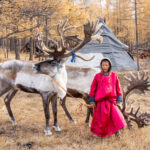 A young Tsaatan boy with his two reindeer near the tepee tents of his community (image by Inger Vandyke)