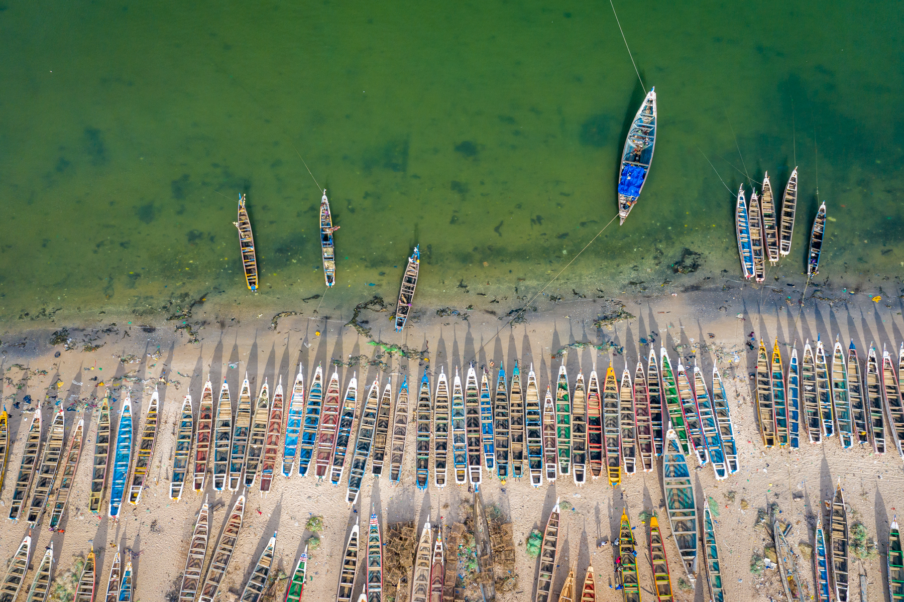 Hundreds of wooden pirogues line the coast of a fishing village. The sheer number of them underpins the seafaring prowess of Senegalese people.