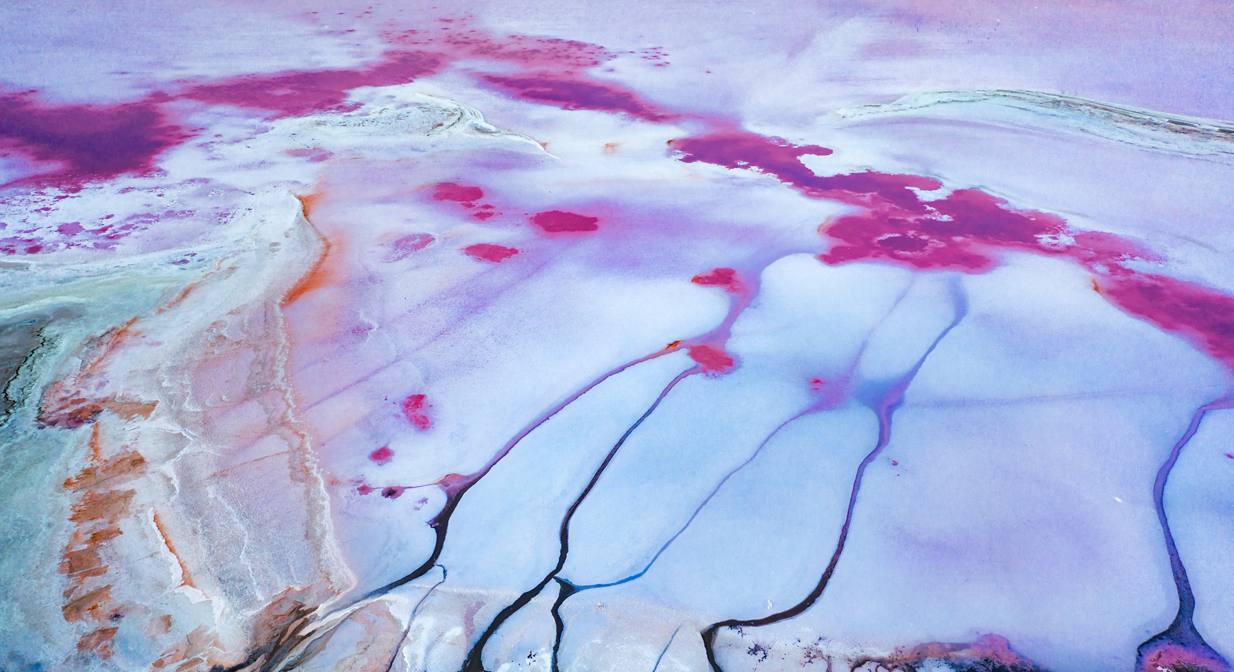 Aerial view of the pink salt lakes in Senegal.