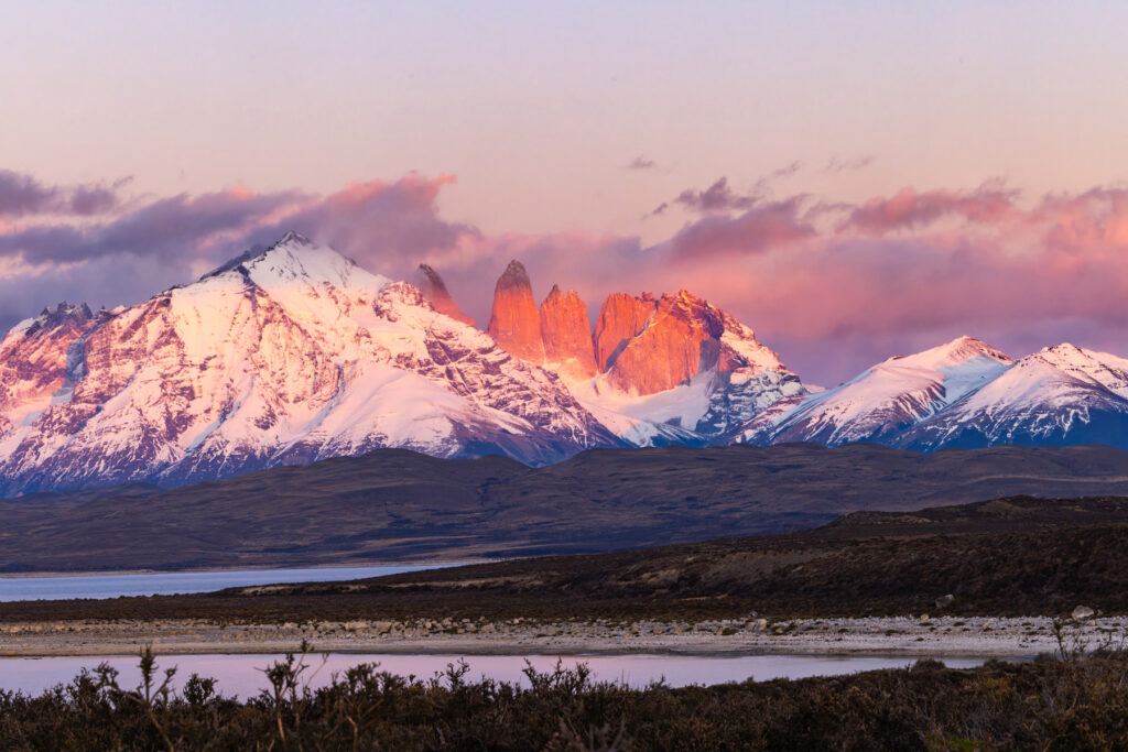 Pink towers at sunrise, Torres del Paine, a wider view (image by Mike Watson)