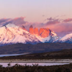 Pink towers at sunrise, Torres del Paine, a wider view (image by Mike Watson)