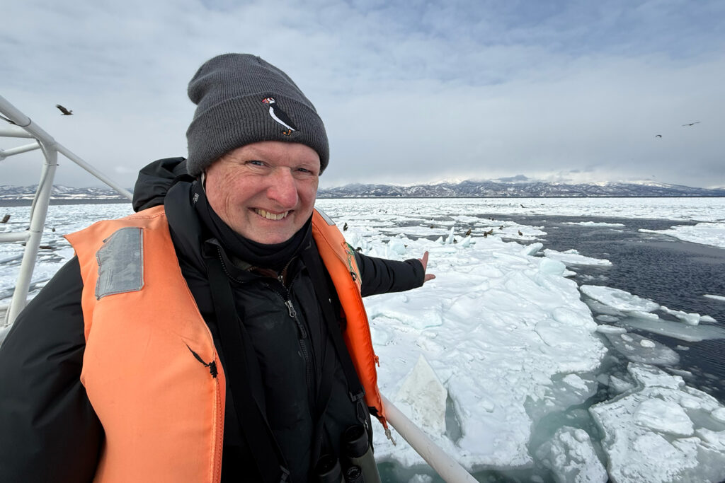 That look on someone’s face whose dream just came true, eagles on sea ice! (Image by Mike Watson)
