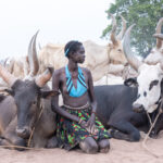 Nyanda wearing Dinka Guet Nom & Yest, the traditional wedding beads, with cows (image by Inger Vandyke)