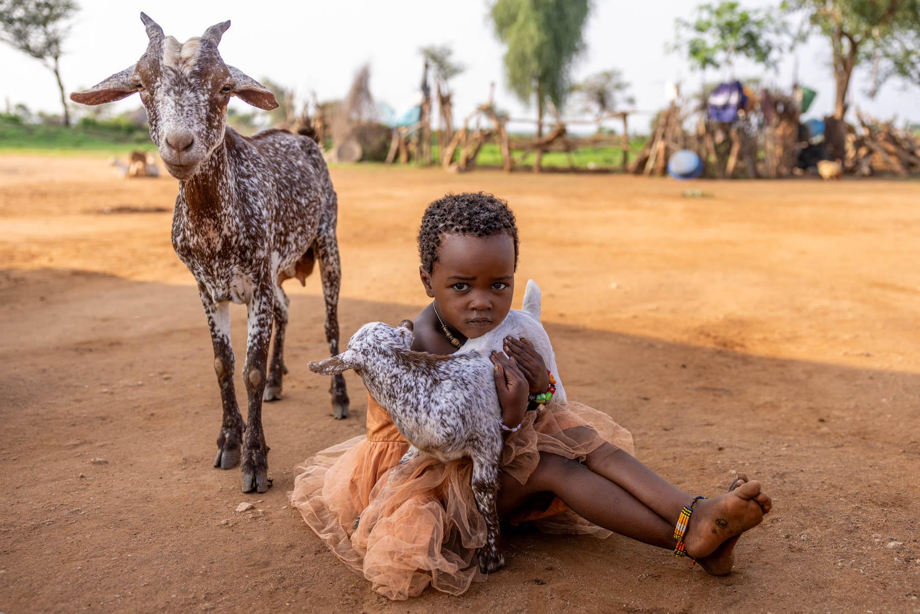A Hamar girl with a baby goat, while the mother keeps a close eye. (image by Ingrid Koedood)