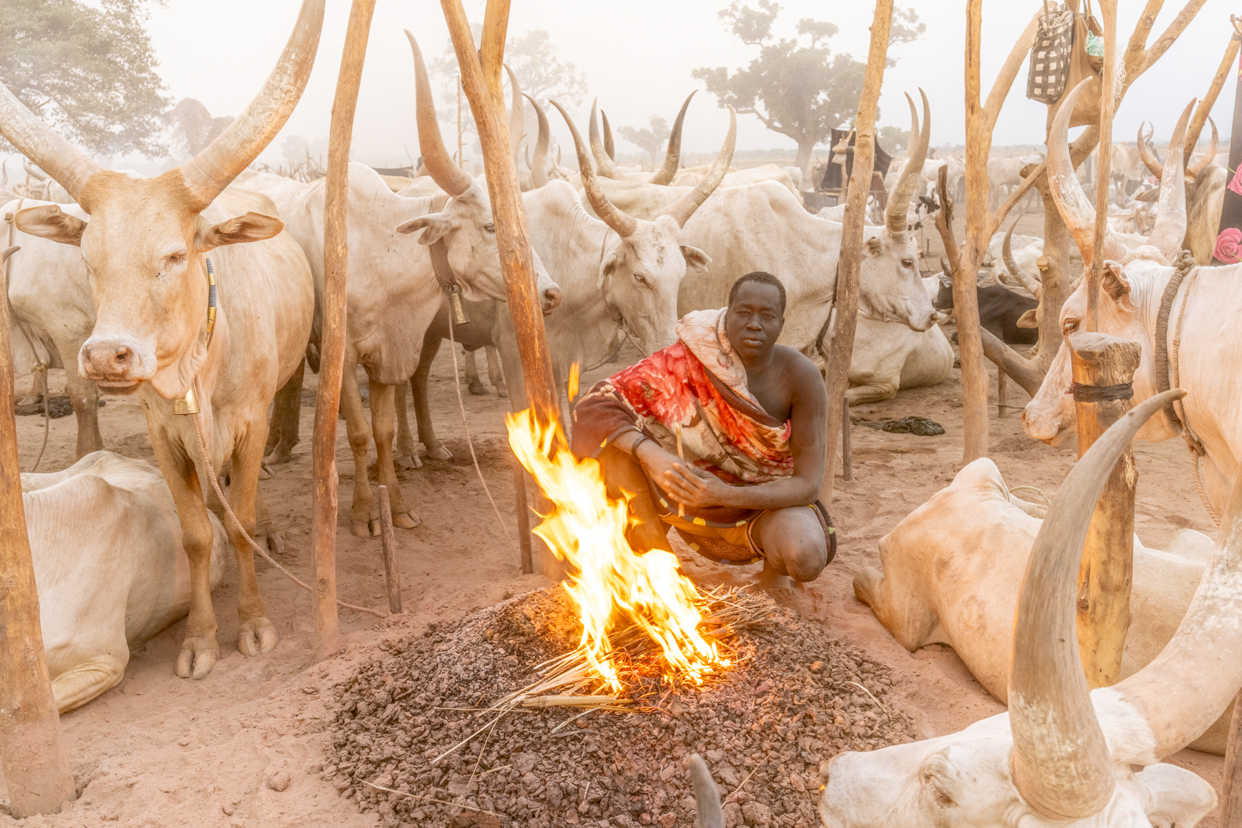 A Mundari man warms himself by a fire at dusk (image by Inger Vandyke)