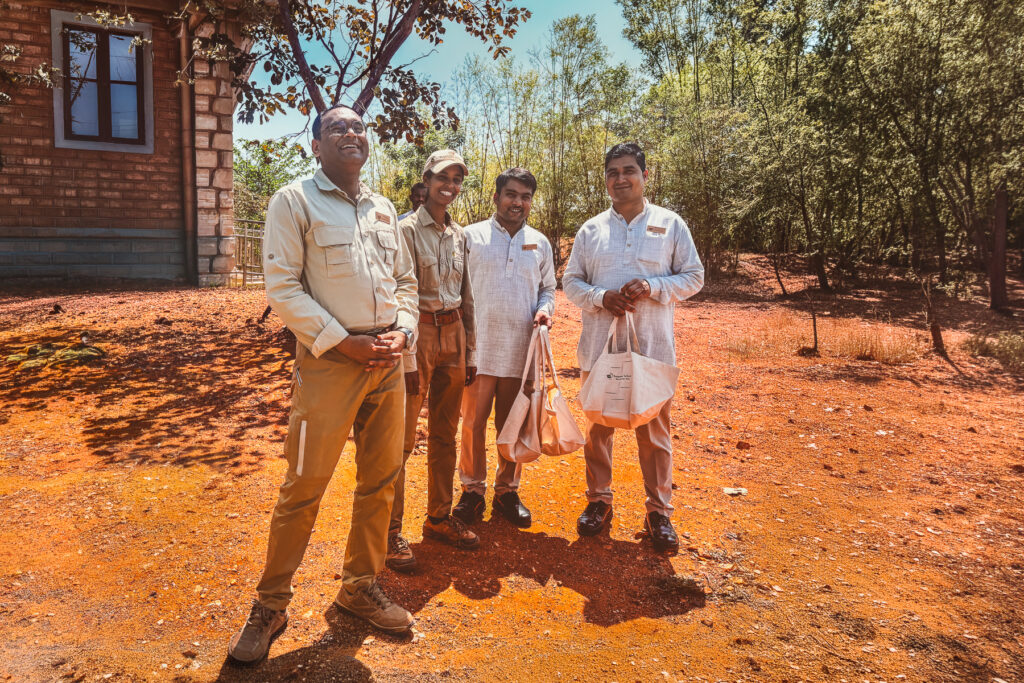 We could not have wished for a better time at the Waghoba Eco-lodge during our Tiger-searching days. Here, the manager, waiter and Shaheen - our co-guide - say goodbye to us (image by Virginia Wilde)