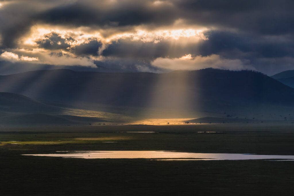 Warm sunlight streams through moody clouds over the Ngorongoro Crater. Like an 'Africa in miniature' this natural caldera contains one of the highest densities of large mammals on Earth (image by Virginia Wilde)