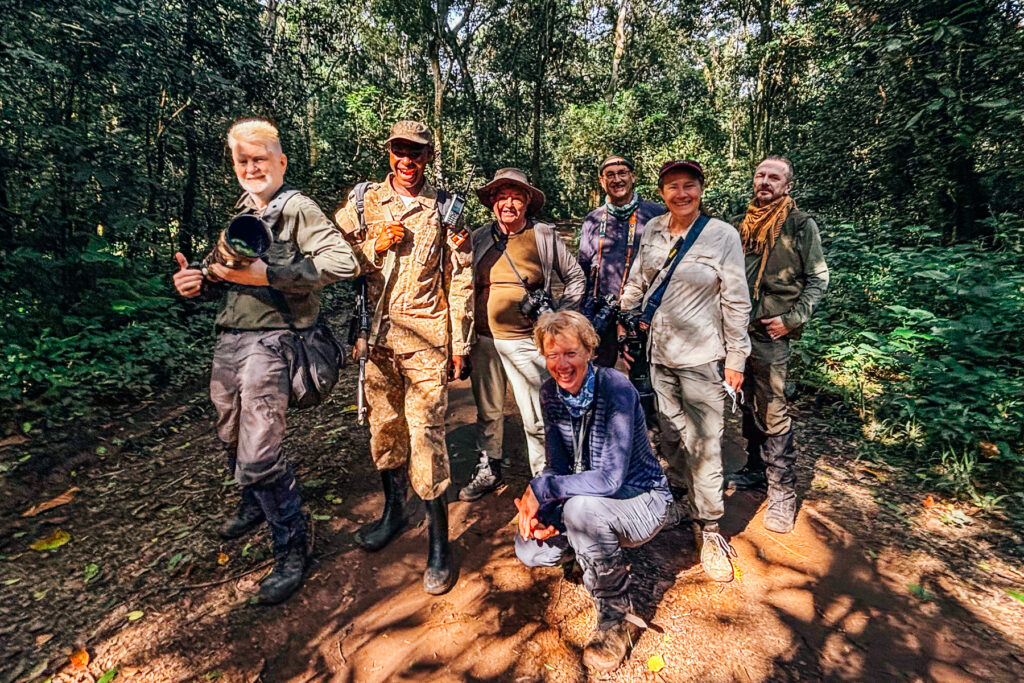 Our wonderful 2026 Uganda tour members, following an incredible Chimpanzee tracking session in Kibale National Park (image by Virginia Wilde)