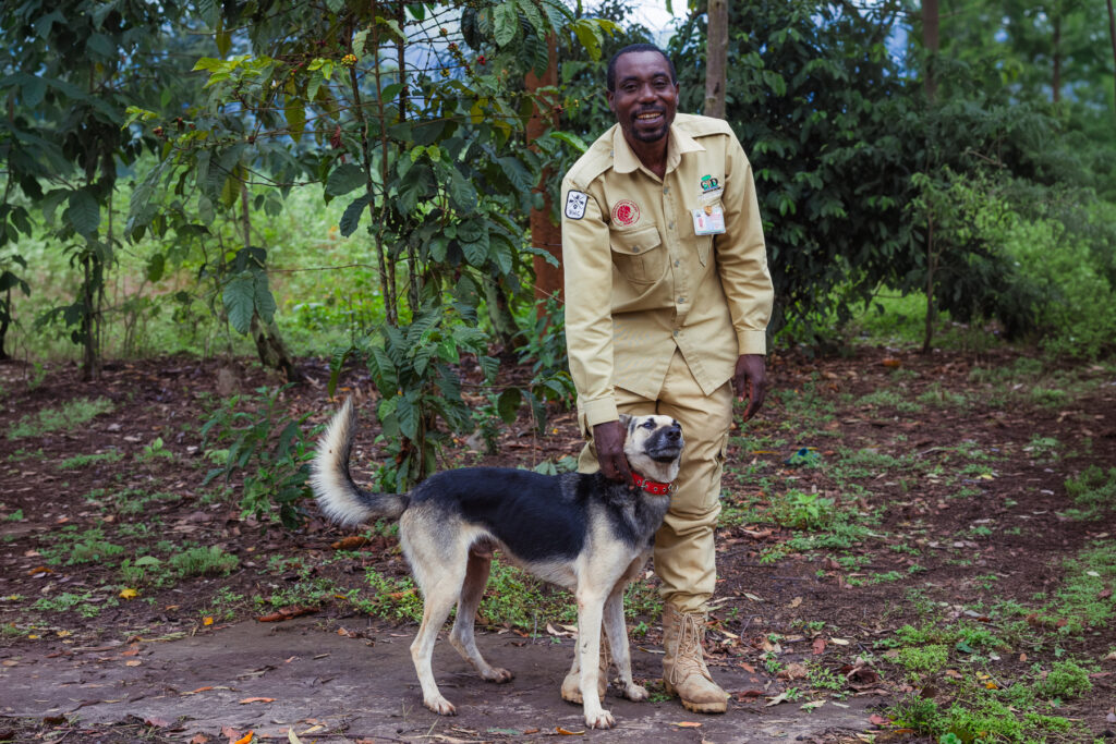Pangolin Rescue Centre manager Joseph and his incredible dog, Kanga, trained to not only guard rescued Pangolins, but to gently keep them company on quiet days (image by Virginia Wilde)
