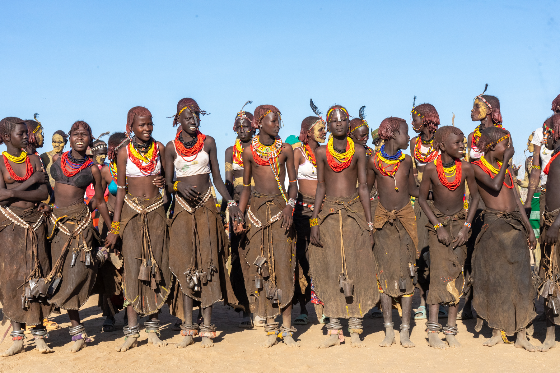 A line of Dassanech girls at the ceremony of Guol (image by Inger Vandyke)