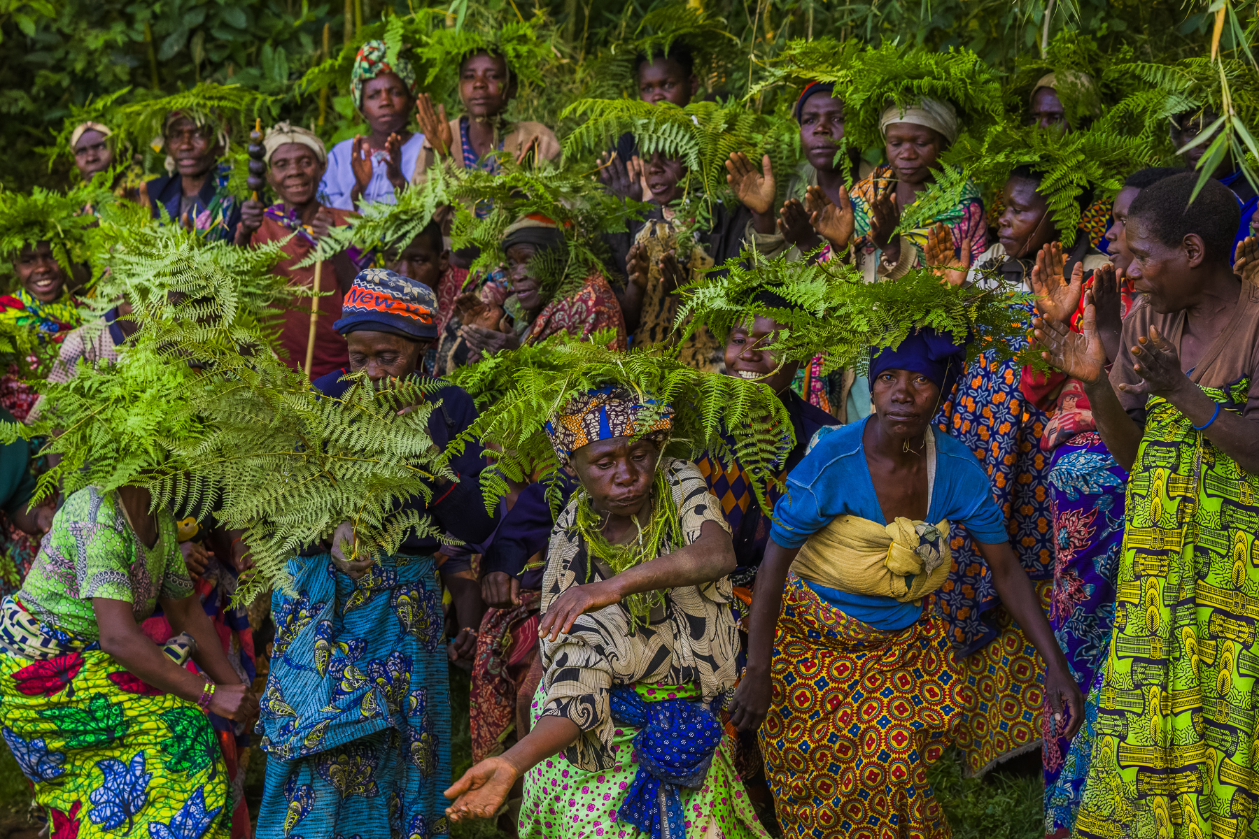 Women of the Echuya Twa dance and sing while wearing traditional foliage hats, symbolising their deep spiritual connection to the forest (image by Virginia Wilde)