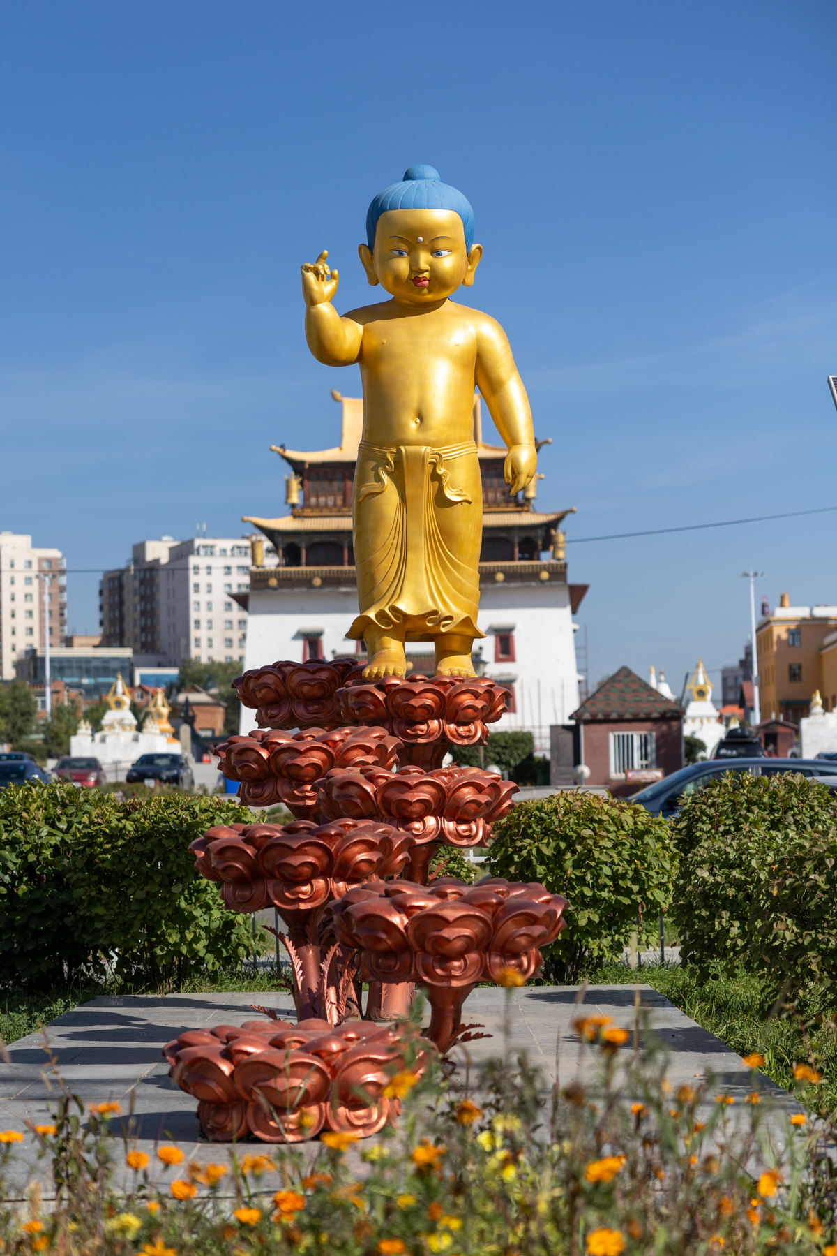 The Baby Buddha at Gandan Monastery. The footprints represent the seven steps he is said to have taken after his birth (image by Ingrid Koedood)