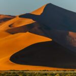 'Big Daddy', the highest dune at Sossusvlei, with its enormous, shadowed face contrasting with the orange ridges as they hit the morning light. The sand in Sossusvlei is so red in tone due to the iron oxide - essentially rust - coating the individual quartz sand grains. Older sand tends to be redder as it's had longer for the iron coating to develop (image by Virginia Wilde)