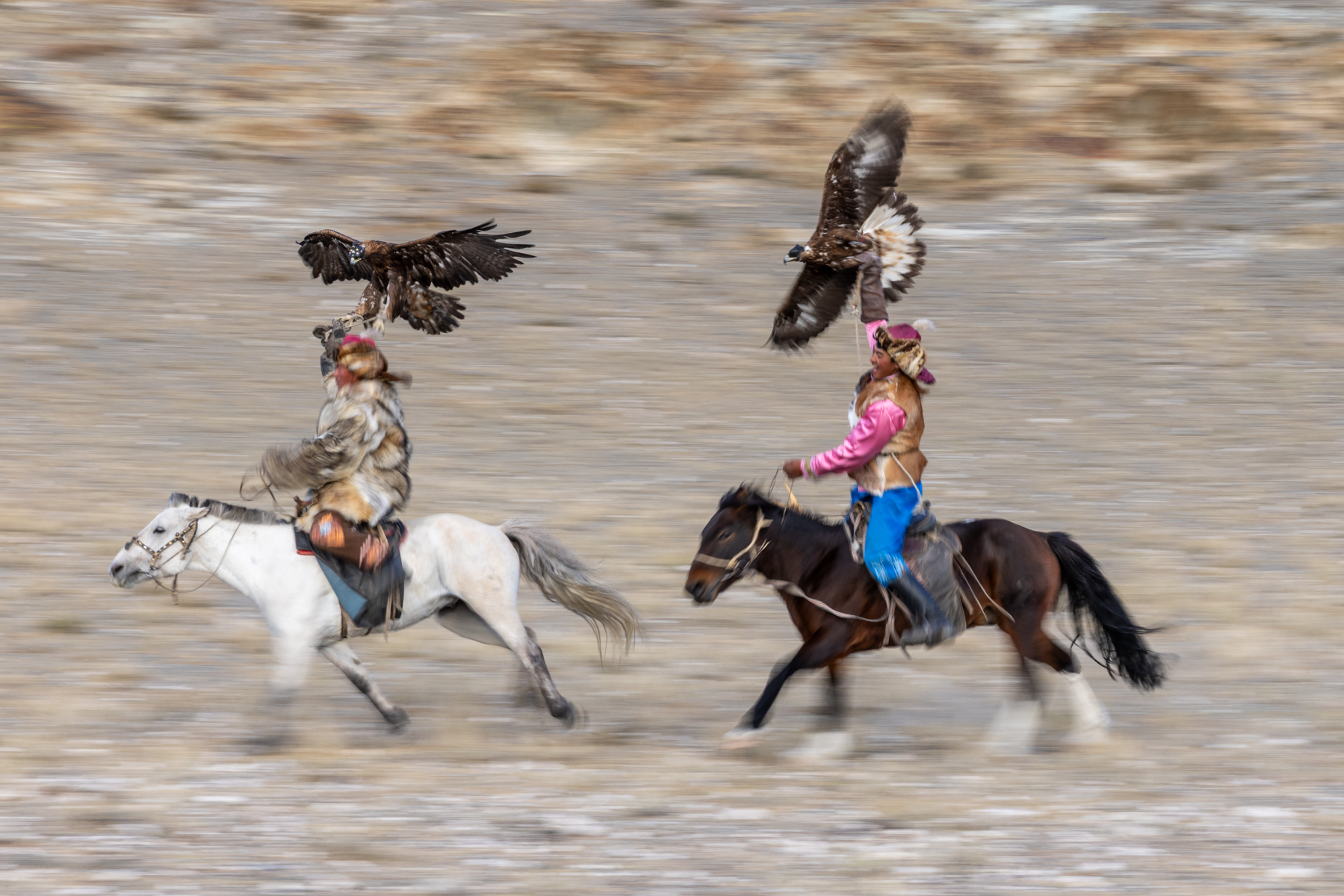 In full motion, eagle hunters gallop across the landscape with their eagles (image by Ingrid Koedood)