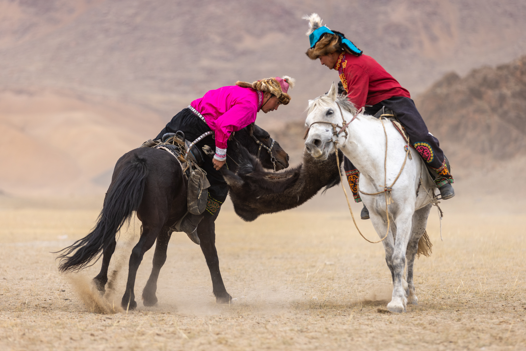 Kokbar, a traditional horseback competition in which riders battle for possession of a headless goat carcass, testing both strength and horsemanship (image by Ingrid Koedood)