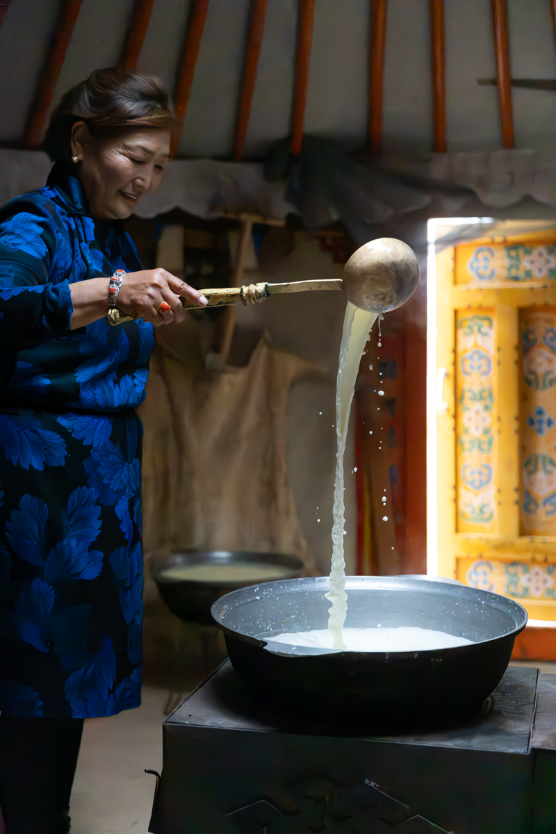 On our way to Ulaanbaatar a Mongolian family welcomed us for lunch in their ger. They showed us several traditional food-making techniques, including how they distil a vodka-like spirit from fermented dairy products (image by Ingrid Koedood)