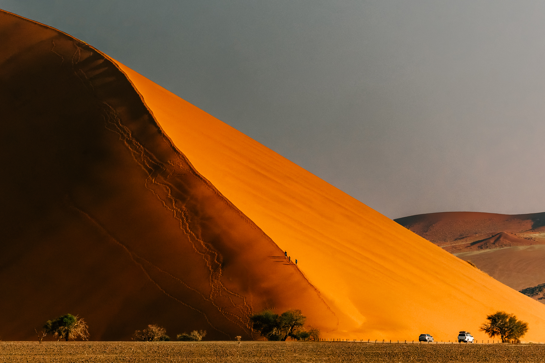 Three hikers are just visible - as small as tiny ants - as they start their climb of 'Big Daddy', the largest dune overlooking Deadvlei in the Sossusvlei area. At around 325 metres (1066ft) above the surrounding landscape, it is one of the most recognisable dunes in Namibia (image by Virginia Wilde)