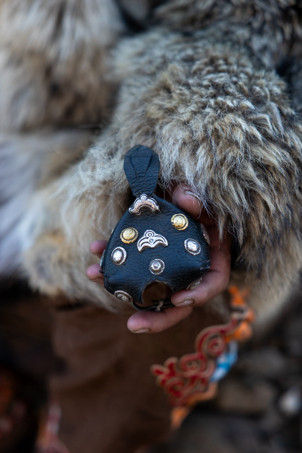 A traditional leather Tomaga covers the eagle’s eyes, reducing visual stimulation and keeping the bird calm while resting, travelling or waiting to hunt (image by Ingrid Koedood)
