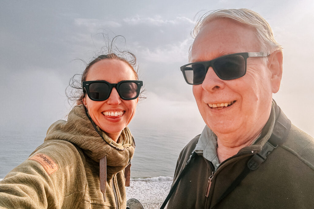 Wild Images client Martin has long been one of our most cherished repeat tour-members. Here tour leader Gin Wilde attempts a selfie with him overlooking the Atlantic Ocean (image by Virginia Wilde)